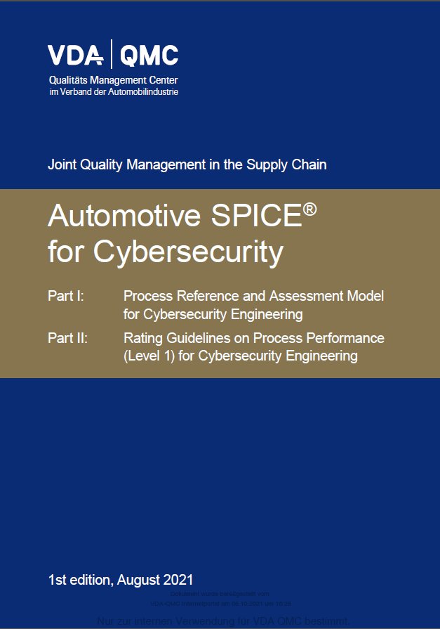 Preview  VDA Automotive SPICE® for Cybersecurity
 Part I: Process Reference and Assessment Model for Cybersecurity Engineering, 
 Part II: Rating Guidelines on Process Performance (Level 1) for Cybersecurity Engineering,
 1st  1.8.2021