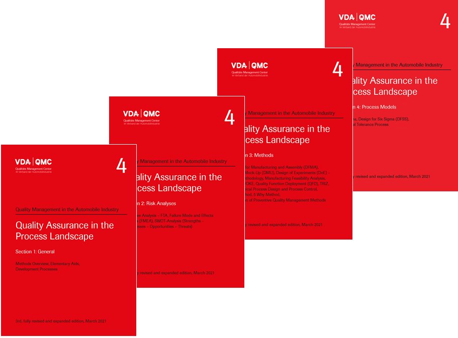 Publications  VDA Volume 4 - Quality Assurance in the Process Landscape. Bundle of Sections 1-4: General, Risikoanalysen, Methoden und Vorgehensmodelle. 3rd, fully revised and expanded edition, March 2021 1.3.2021 preview